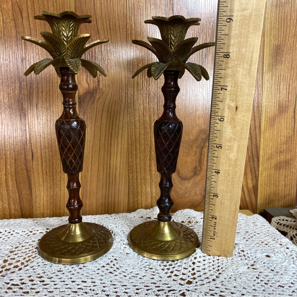 Elegant Brass and Dark Brown Wood Candle Holders - Picture 3 of 8